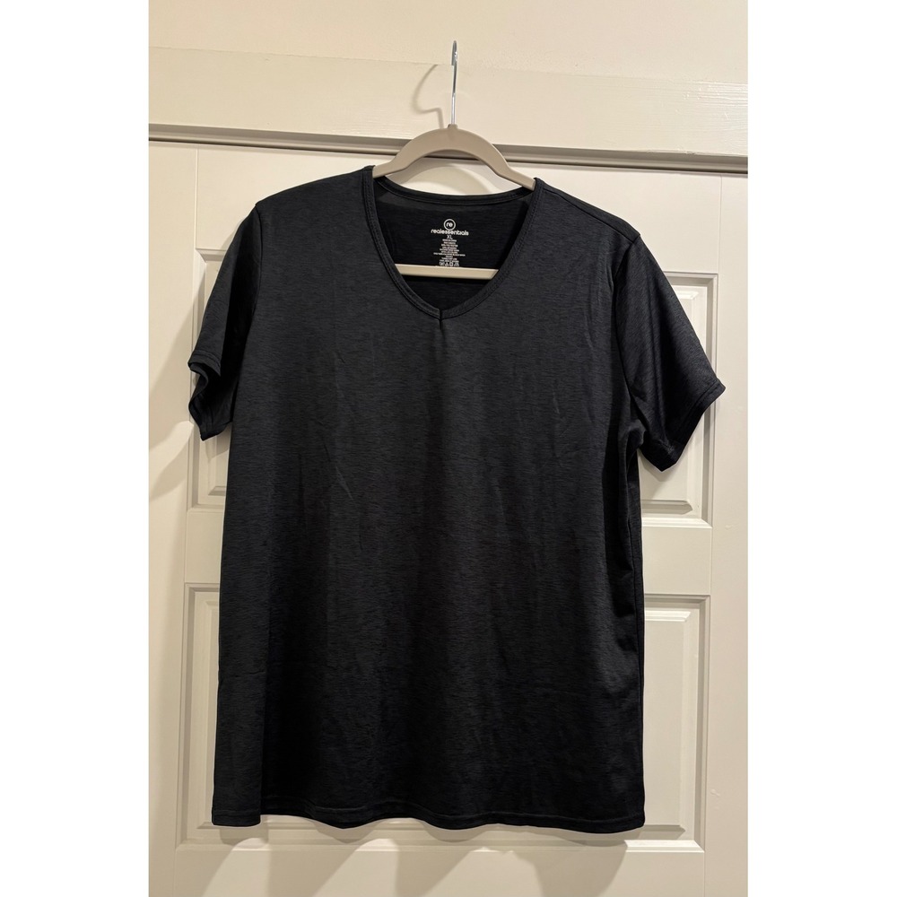 Real Essentials Womens V-Neck Activewear T-Shirt Heather Black XL Short Sleeve